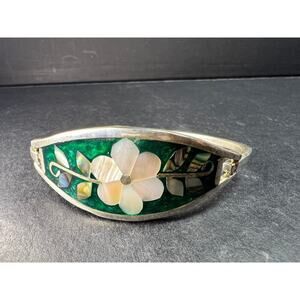 Vintage MCM Alpaca Silver Color Link Bracelet - Mixed Stone Inlay Panel 7.5"